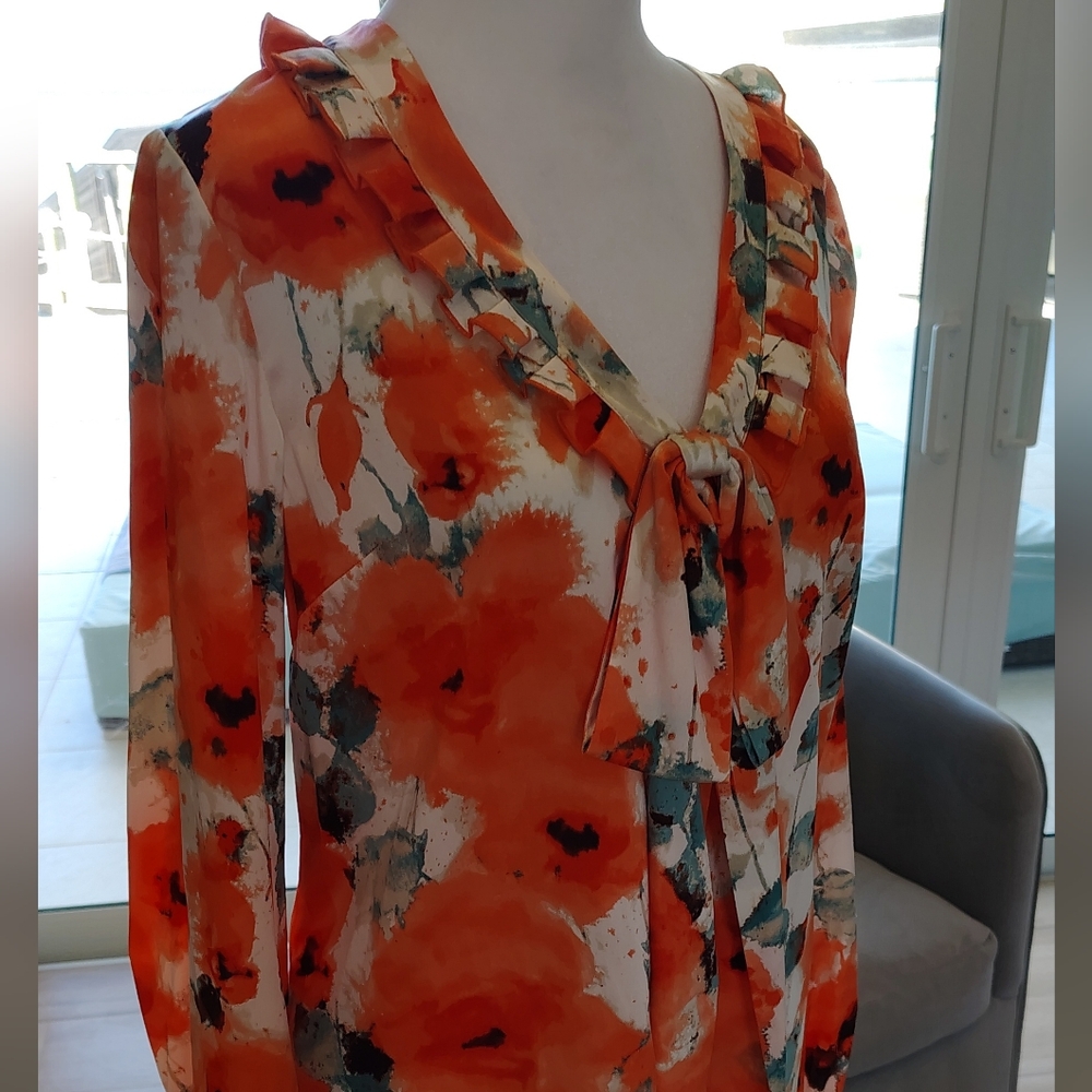 St. John Vibrant Floral Blouse in Orange and Teal - Picture 7 of 11